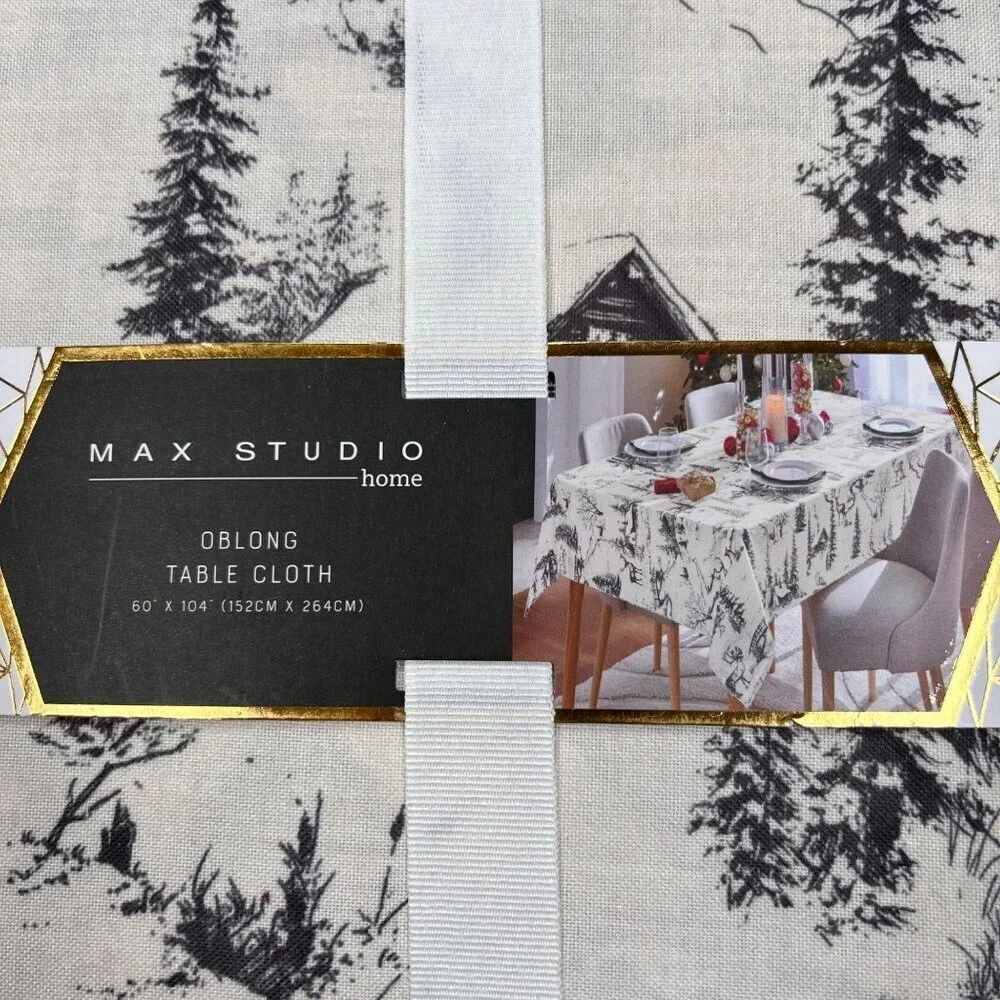 Max Studio Oblong Tablecloth Rustic Forest Winter Wonderland Cabin Trees Snow